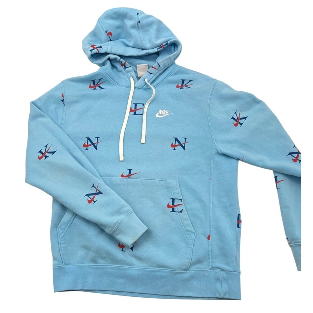 Nike Mens Blue Pullover Hoodie With Multicolor Logos Size S Cotton Blend Drawstr